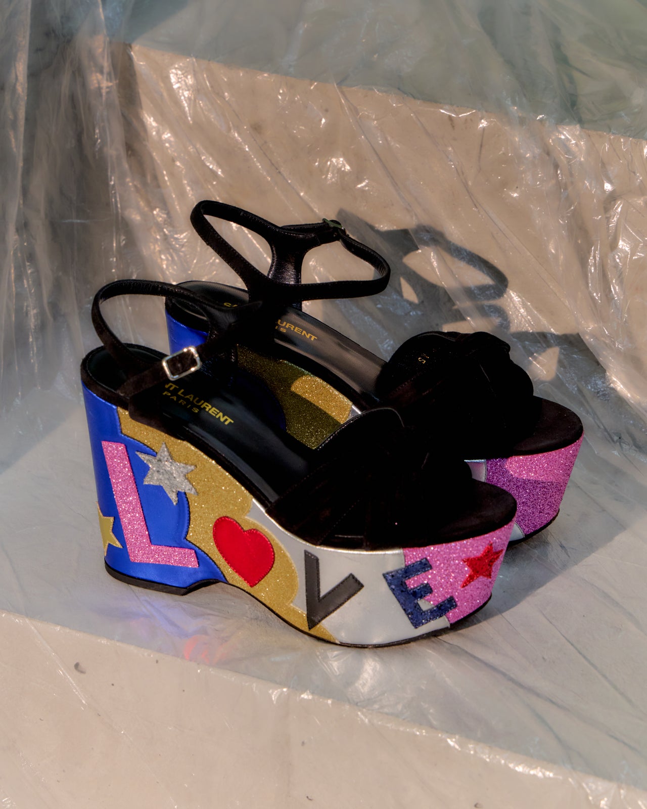 Saint Laurent SS 2018 LOVE Glitter Platform Wedge