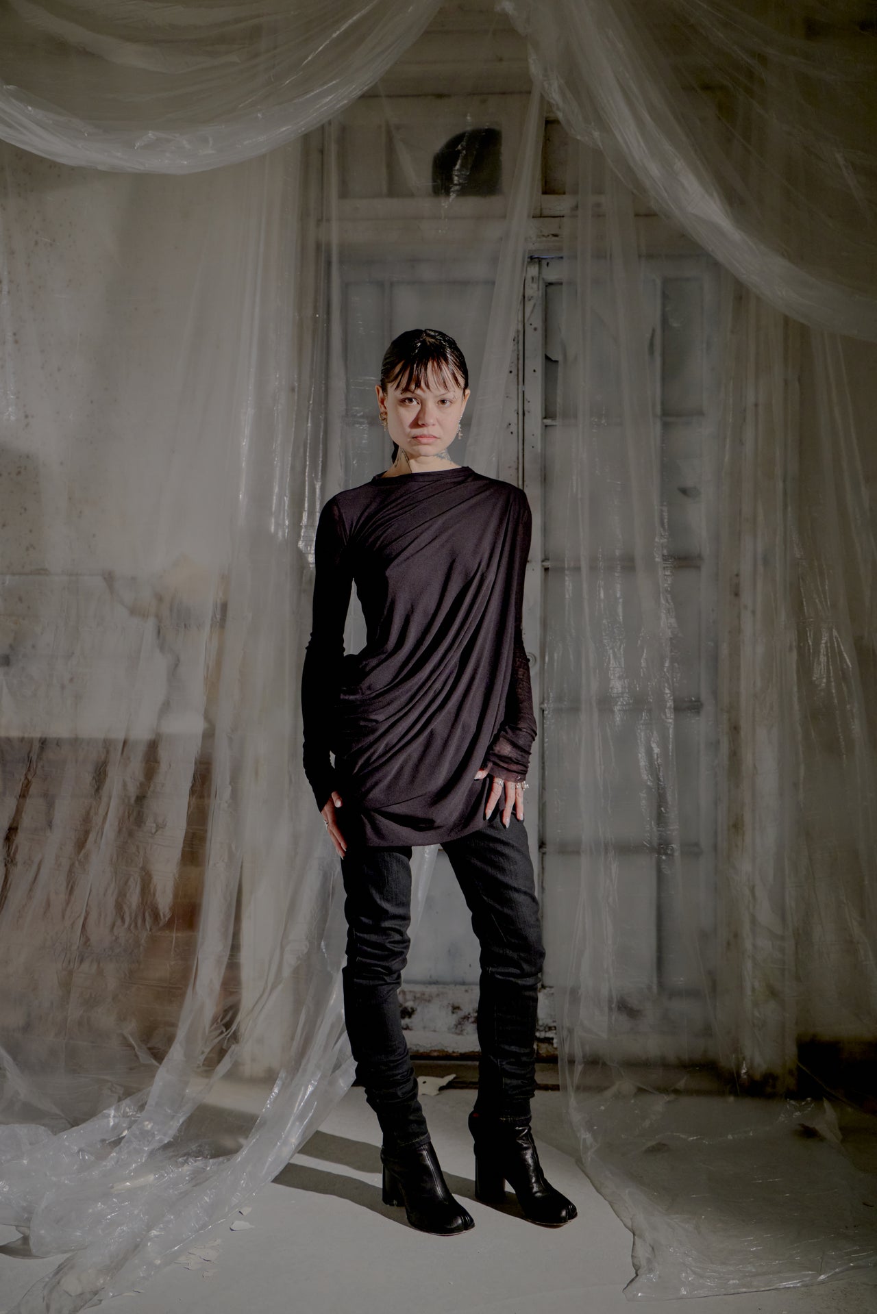 Rick Owens Lillies AW 2017 Woven Tee Long-Sleeve Boat Neck