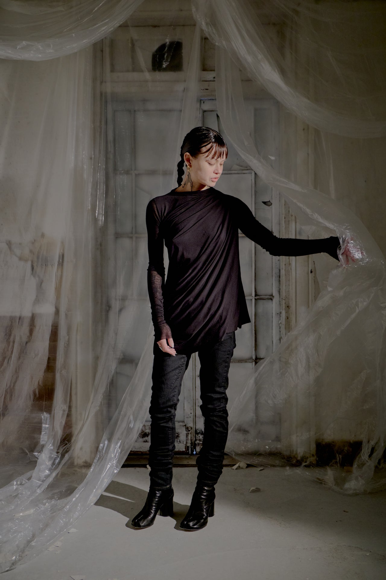 Rick Owens Lillies AW 2017 Woven Tee Long-Sleeve Boat Neck