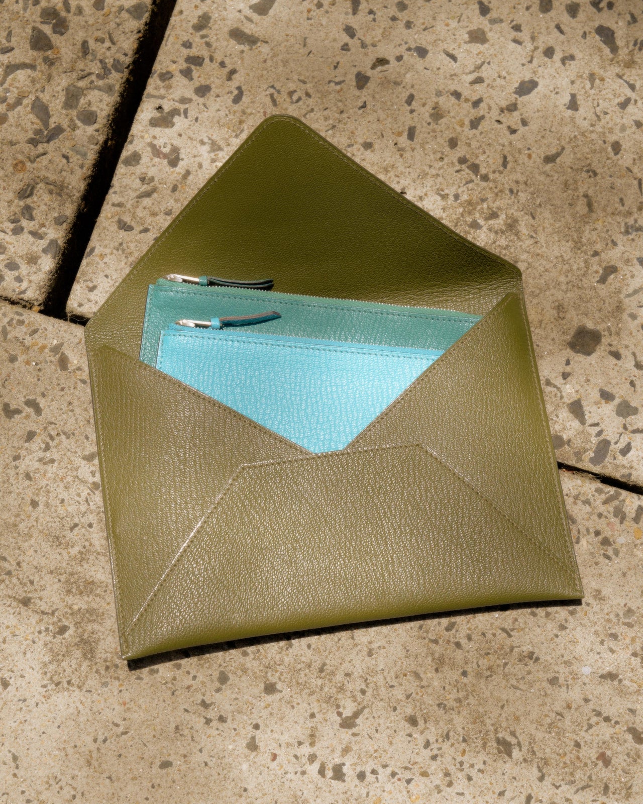 Hermès Envelope trio wallet (Olive, Turquoise, Aqua)