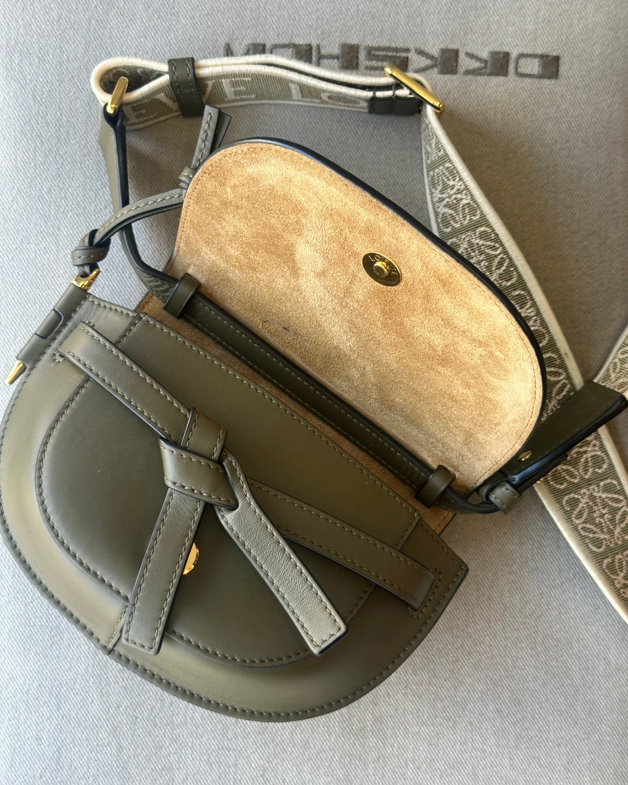 Green leather Loewe handbag with a strap on a gray surface against a gray background