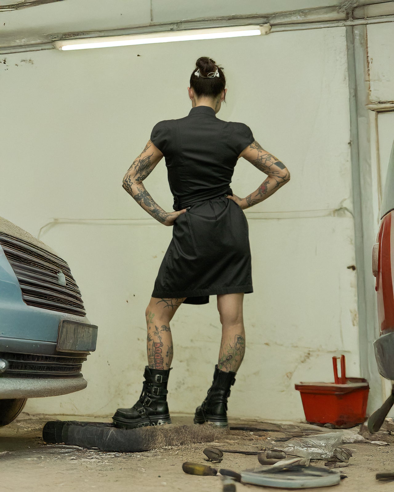 A person standing in a garage wearing a black belted Thierry Mugler dress with cap sleeves, paired with black boots.