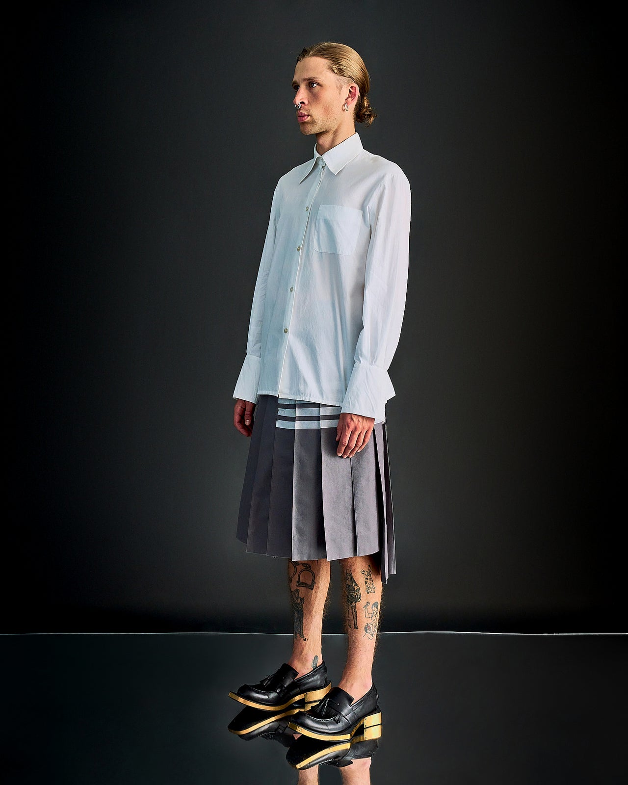 Thom Browne 4-bar Pleated grey kilt skirt