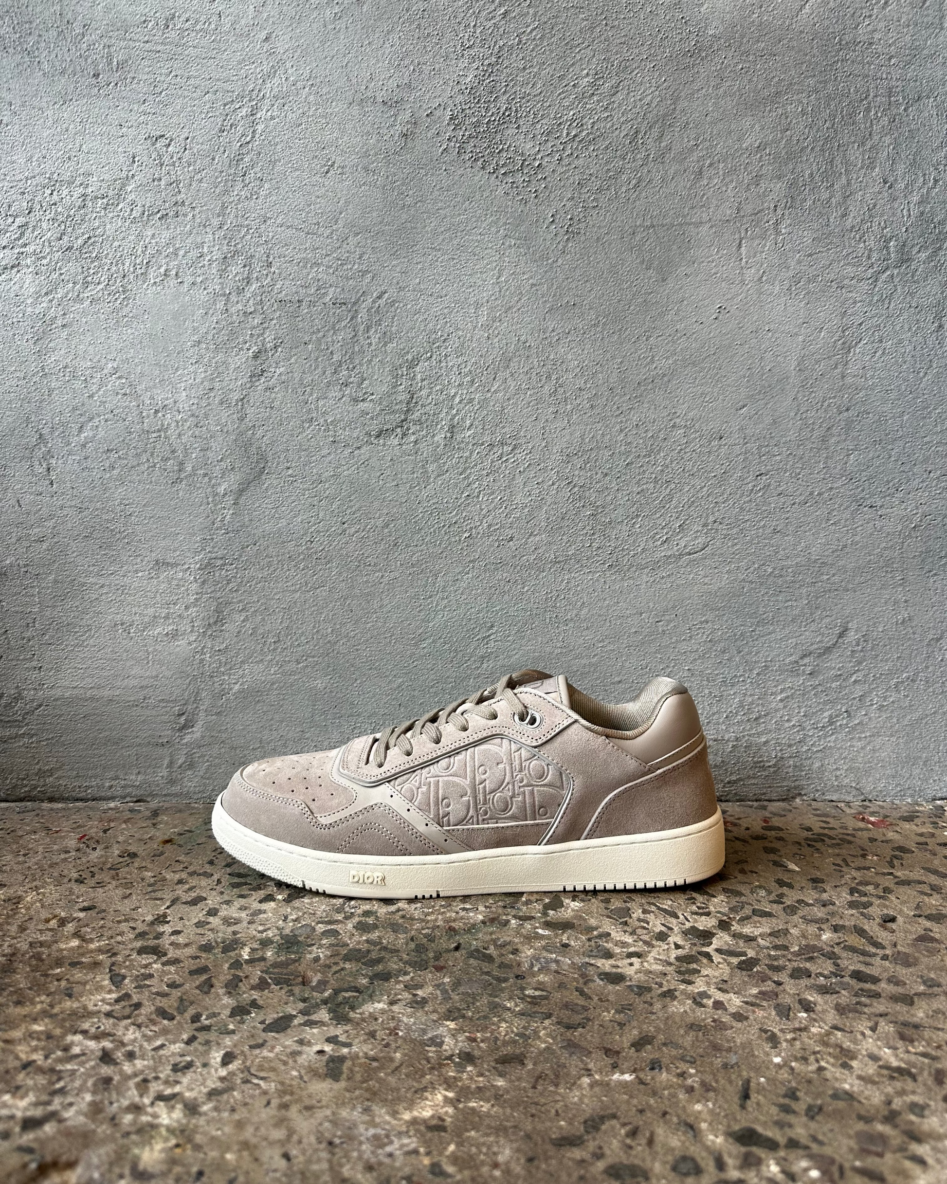Gray Dior sneaker on a textured gray surface