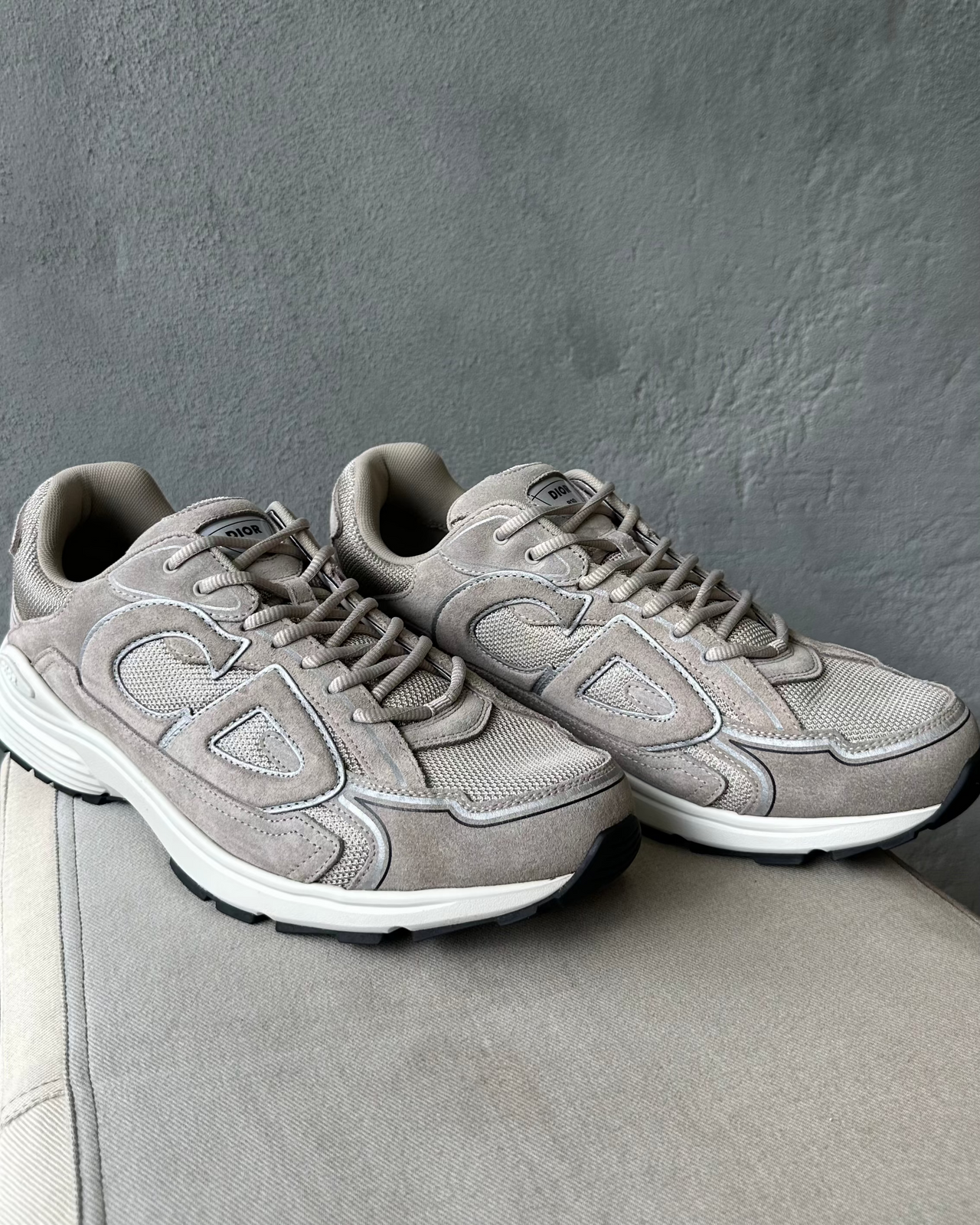 Gray Dior sneaker on a textured concrete floor against a gray wall