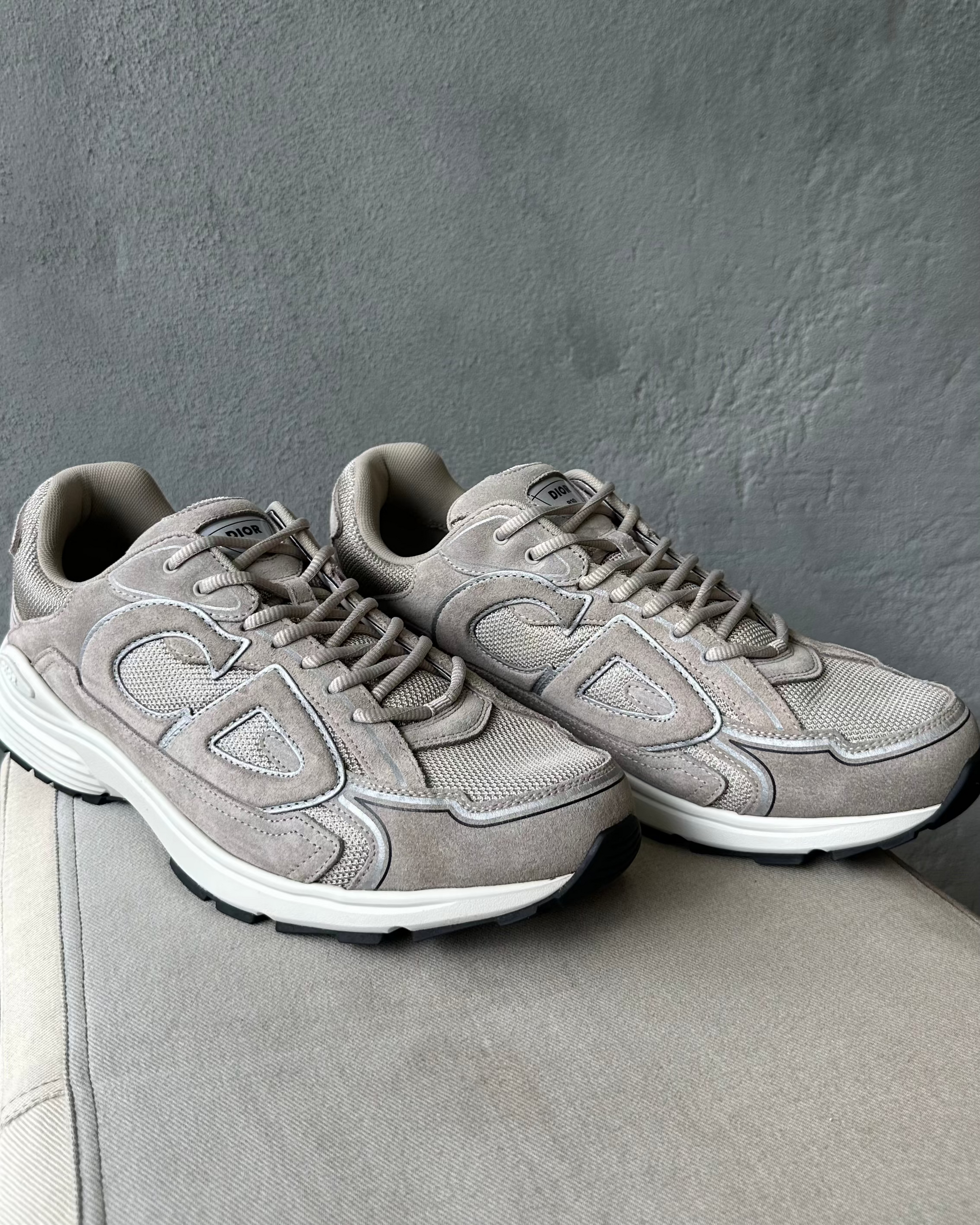 Pair of gray Dior sneakers on a gray surface with a gray background
