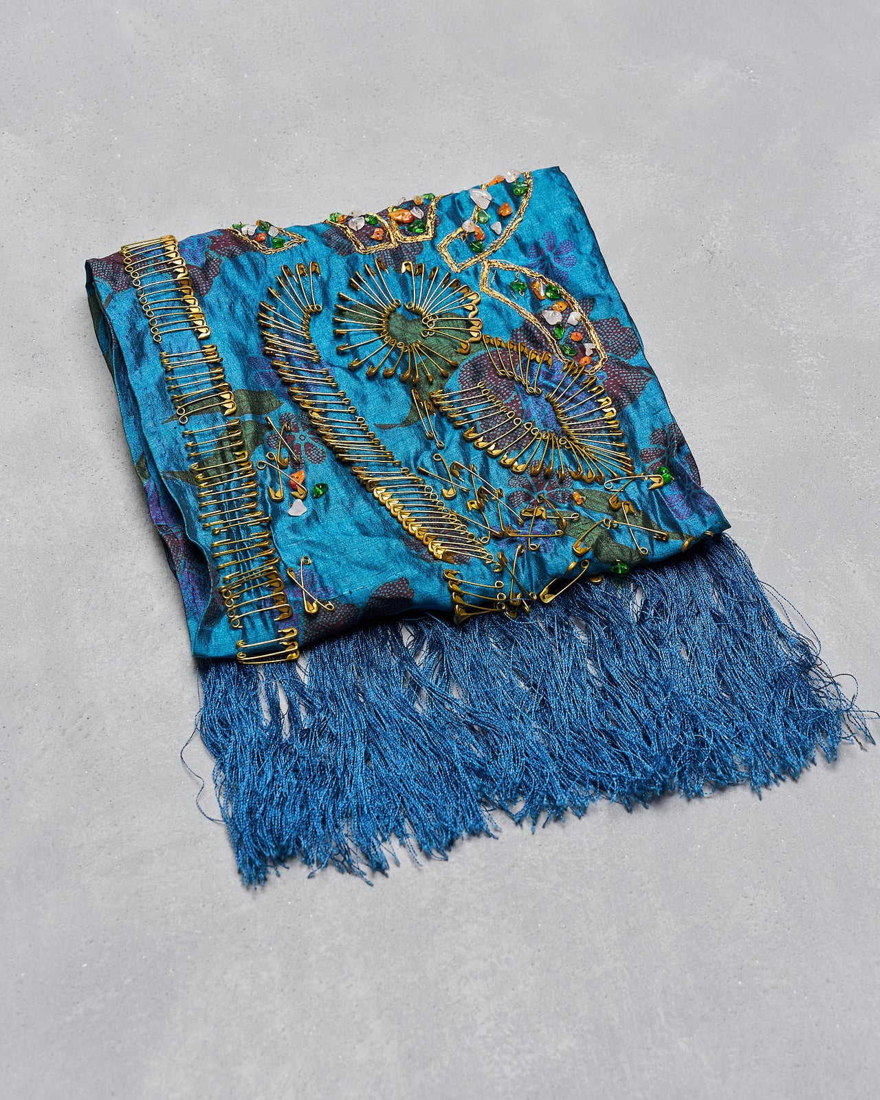 Blue Dries Van Noten scarf with intricate gold embroidery and floral patterns, featuring fringe along the edge