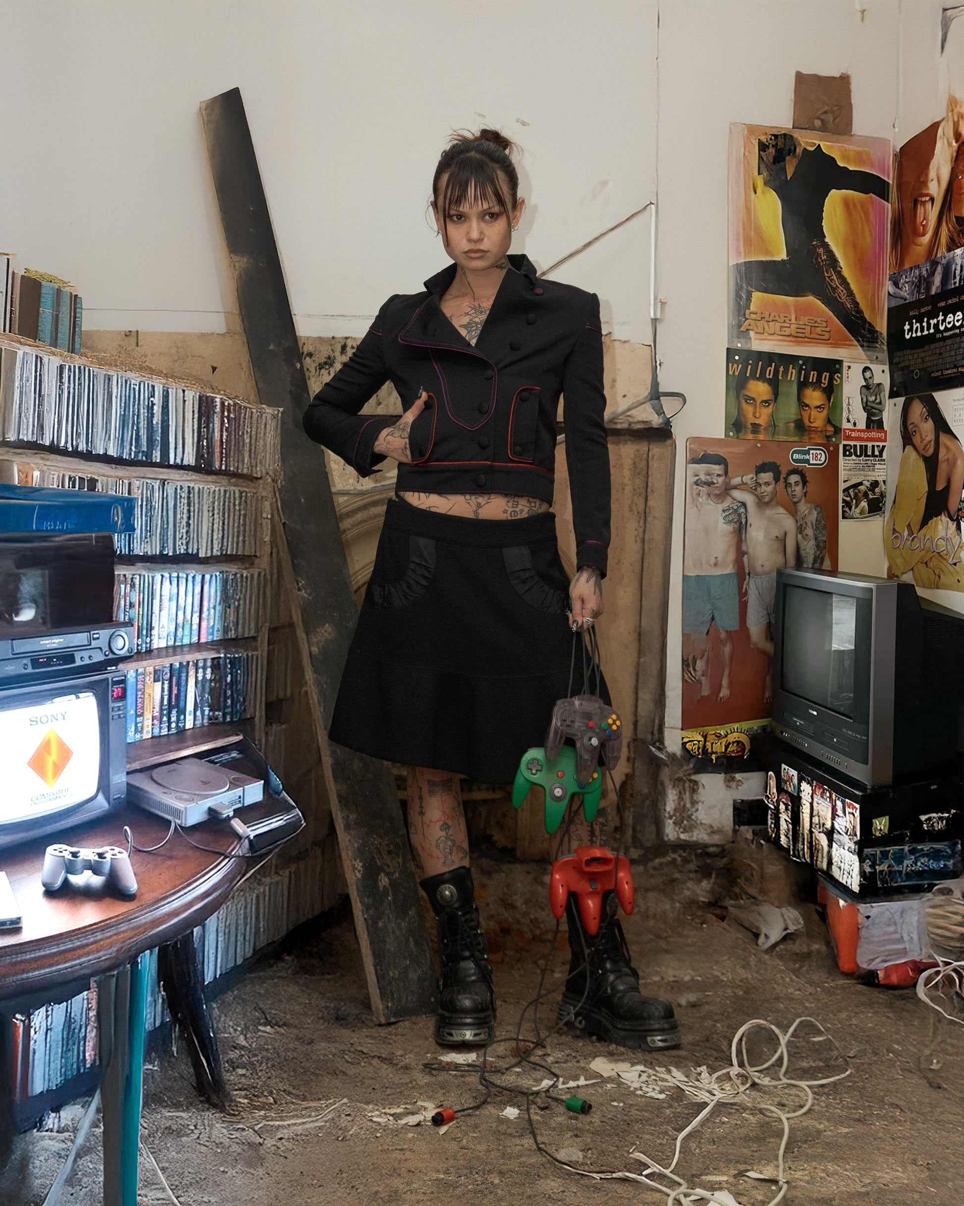 A person standing in a cluttered room with various items around, wearing a black outfit including a Gucci skirt with two front pockets adorned with ruched ribboned finishings.