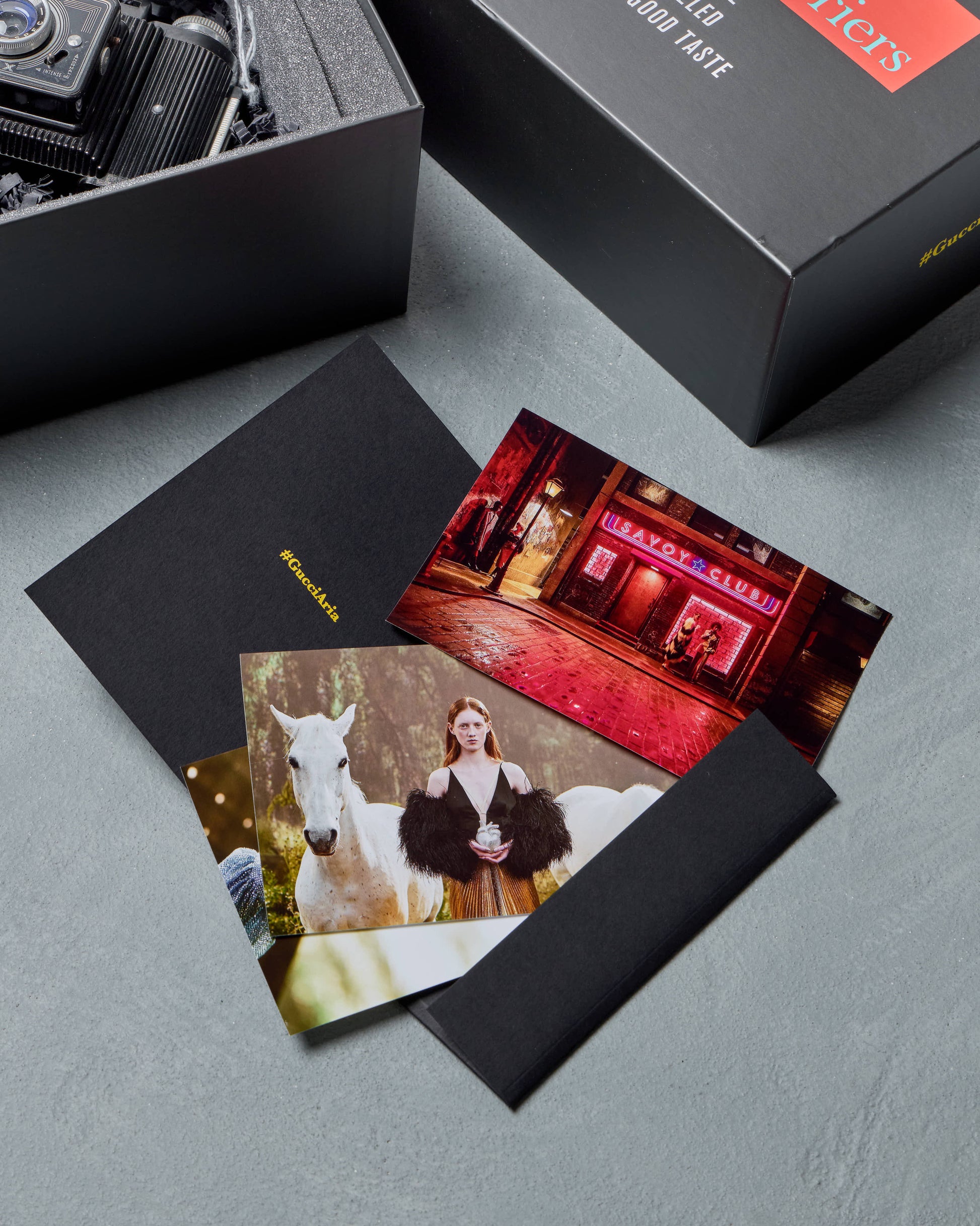 Two Gucci postcards featuring a woman with a horse and a cityscape, displayed on a gray surface with a camera and box in the background.