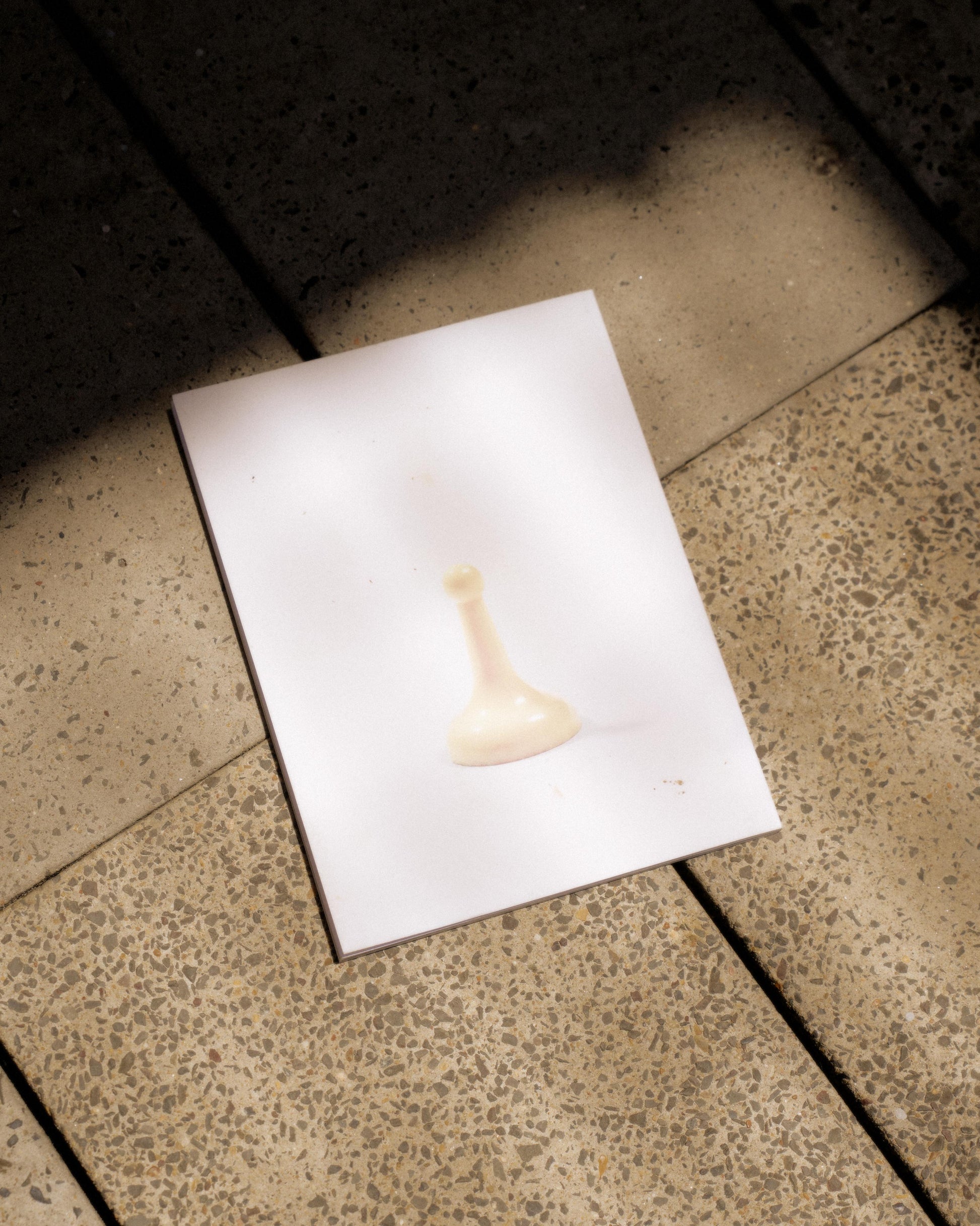 A white Hermes magazine featuring a beige chess pawn lies on textured, sunlit tiles casting soft shadows, conveying a serene, contemplative mood.
