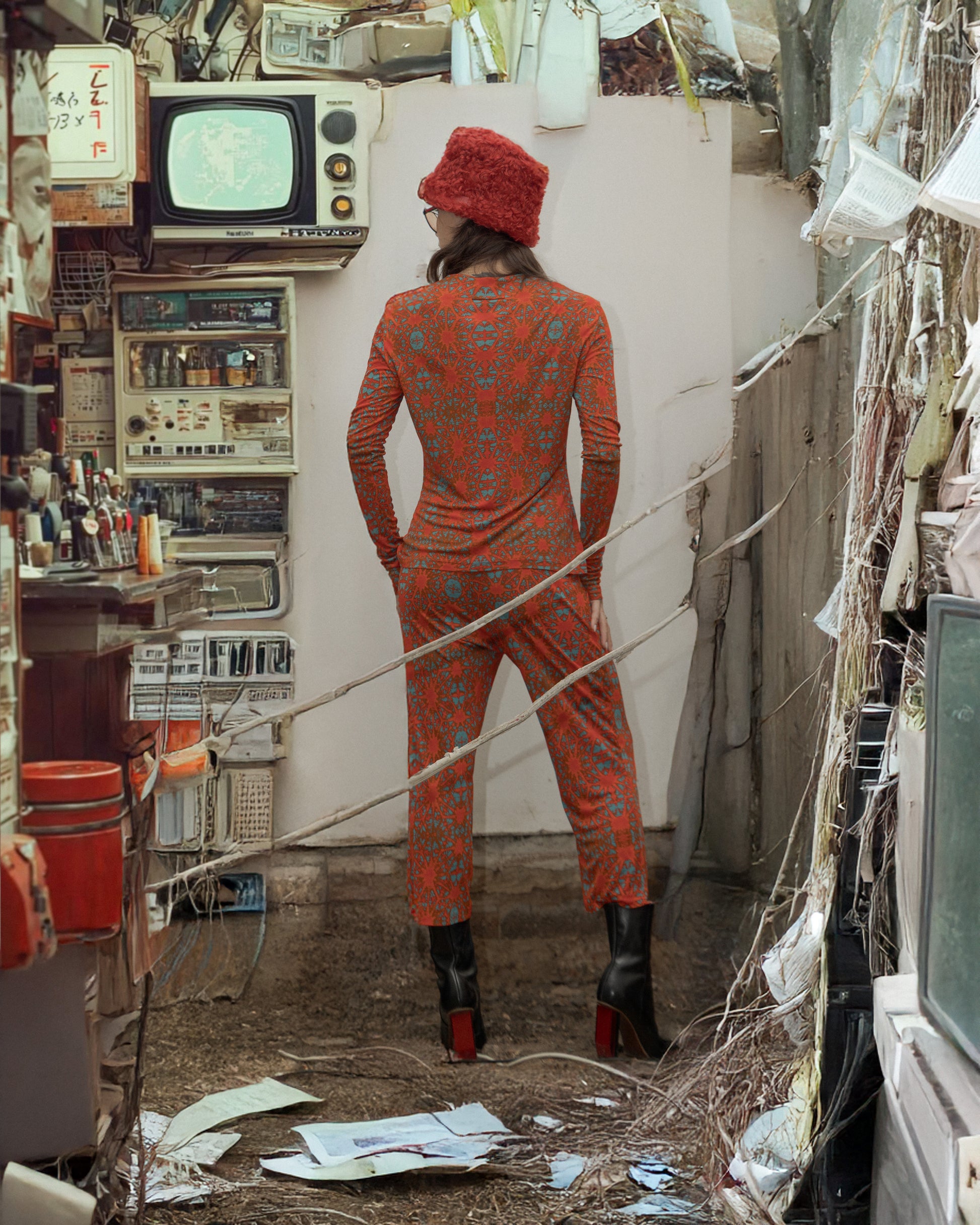 Person in a red patterned Jean Paul Gaultier outfit standing in a cluttered room with vintage electronics.