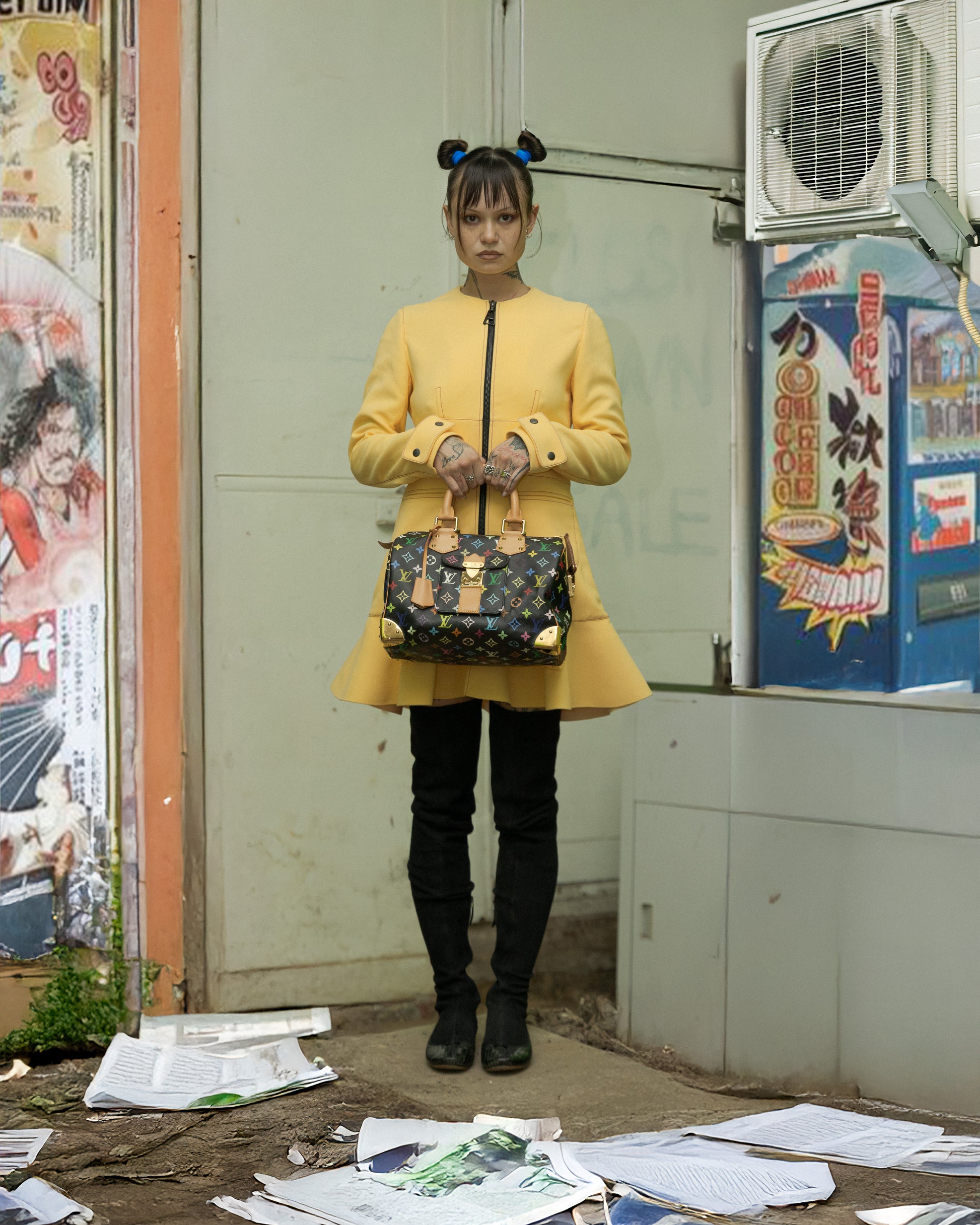 A person wearing a yellow Louis Vuitton dress with a scalloped hem, standing in a location with scattered papers and wall posters.