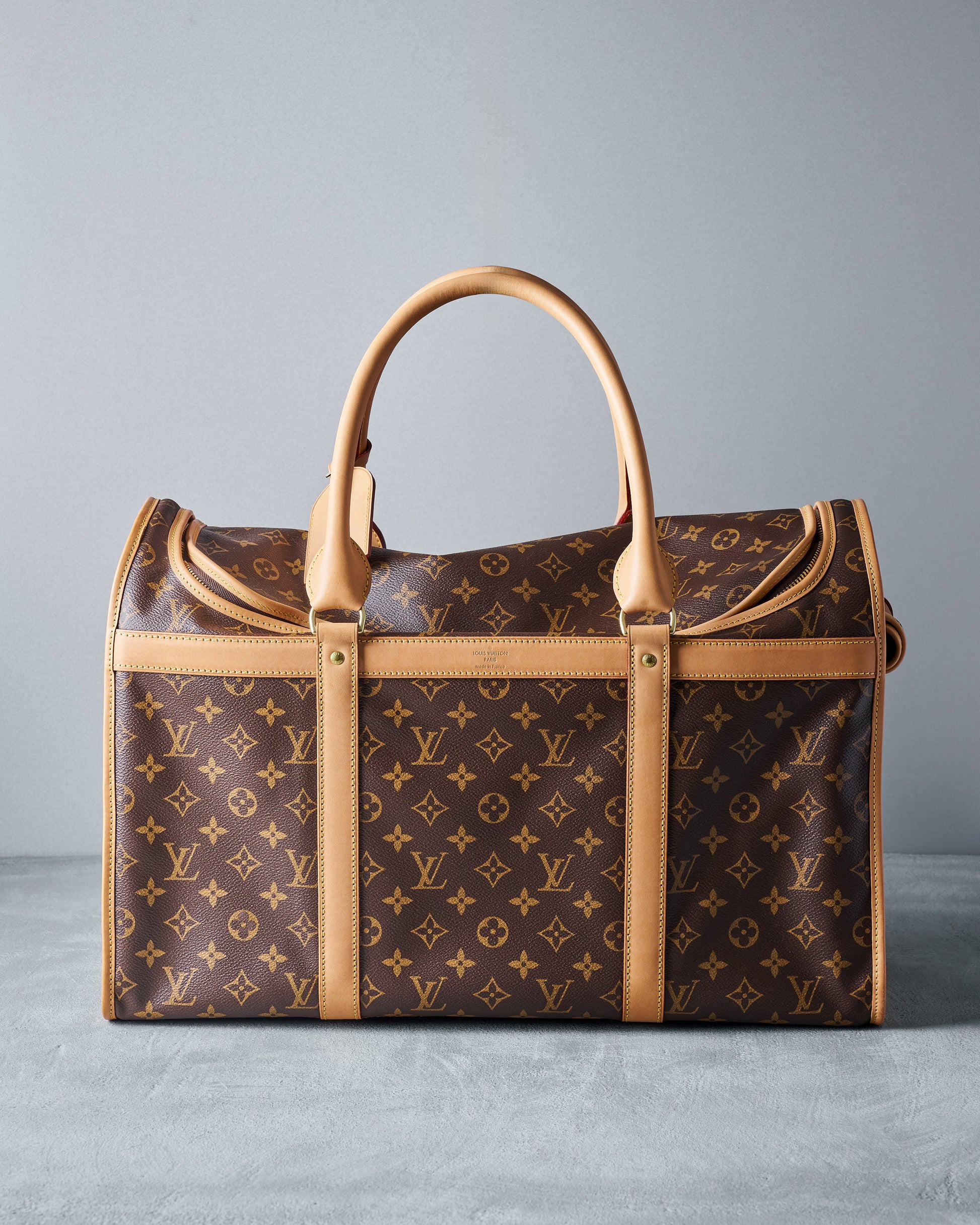 Designer Louis Vuitton pet carrierwith monogram pattern on a grey background