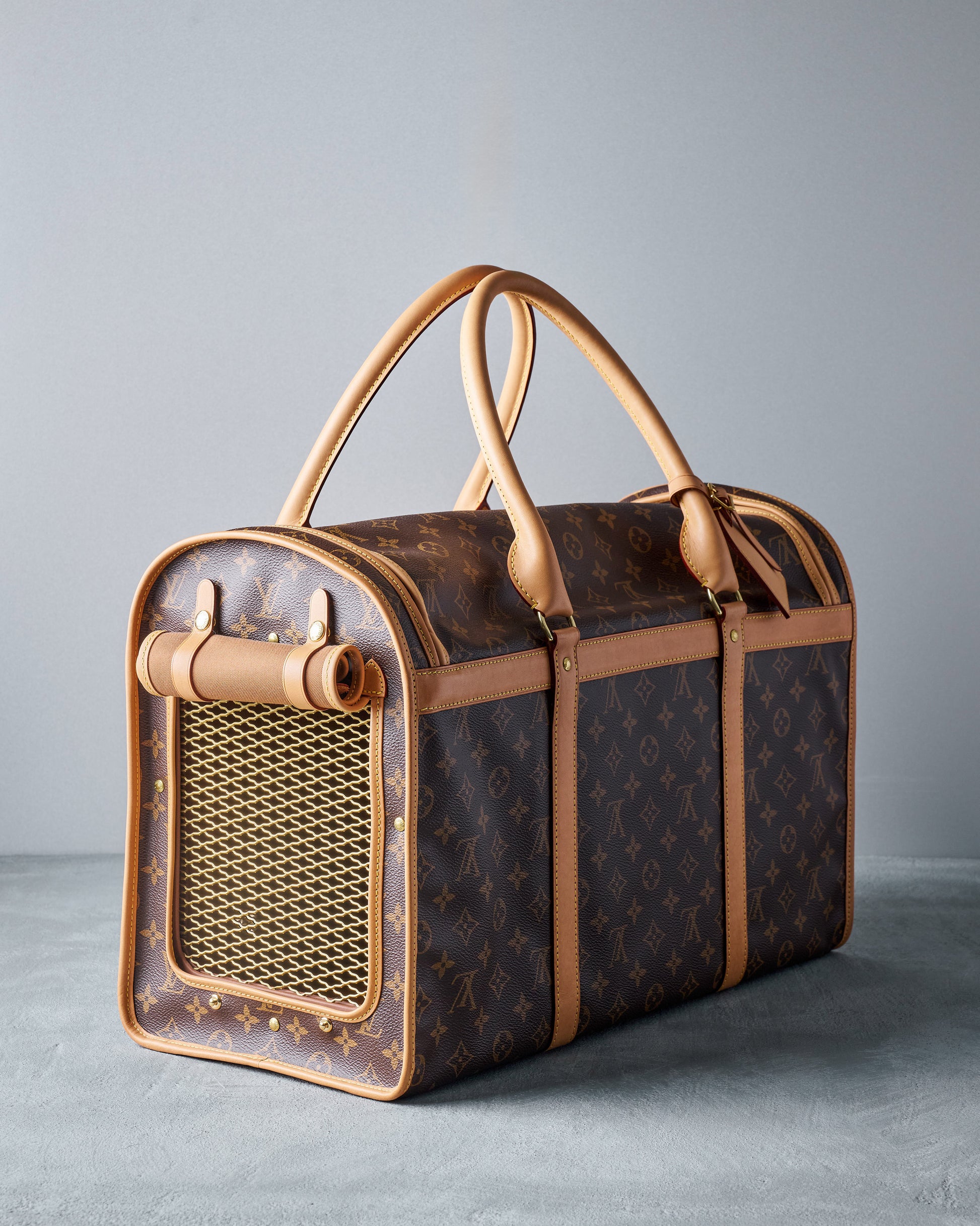 Designer Louis Vuitton pet carrier with brown handles and monogram pattern on a grey background