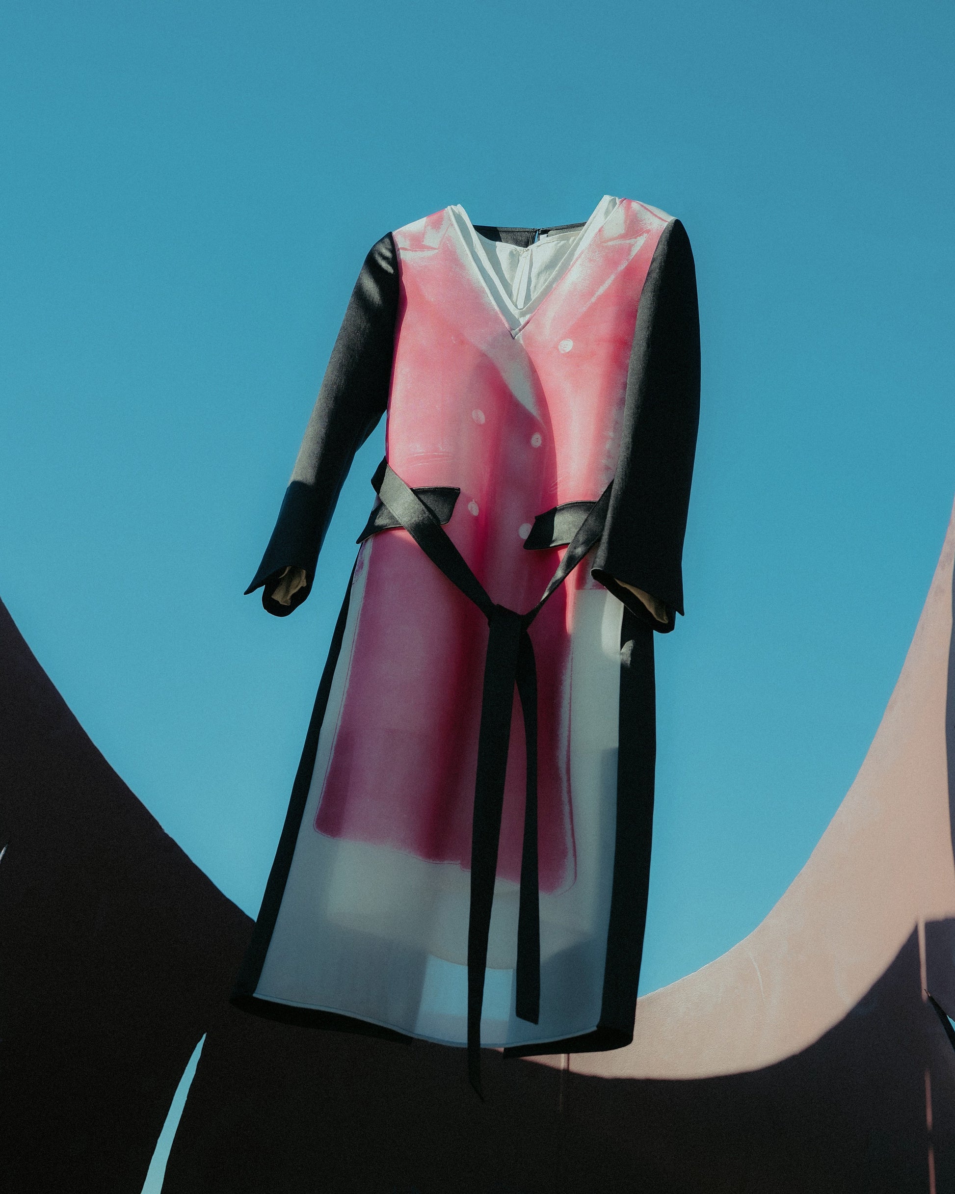 Pink and black Peter Do dress with sheer overlay on a blue background