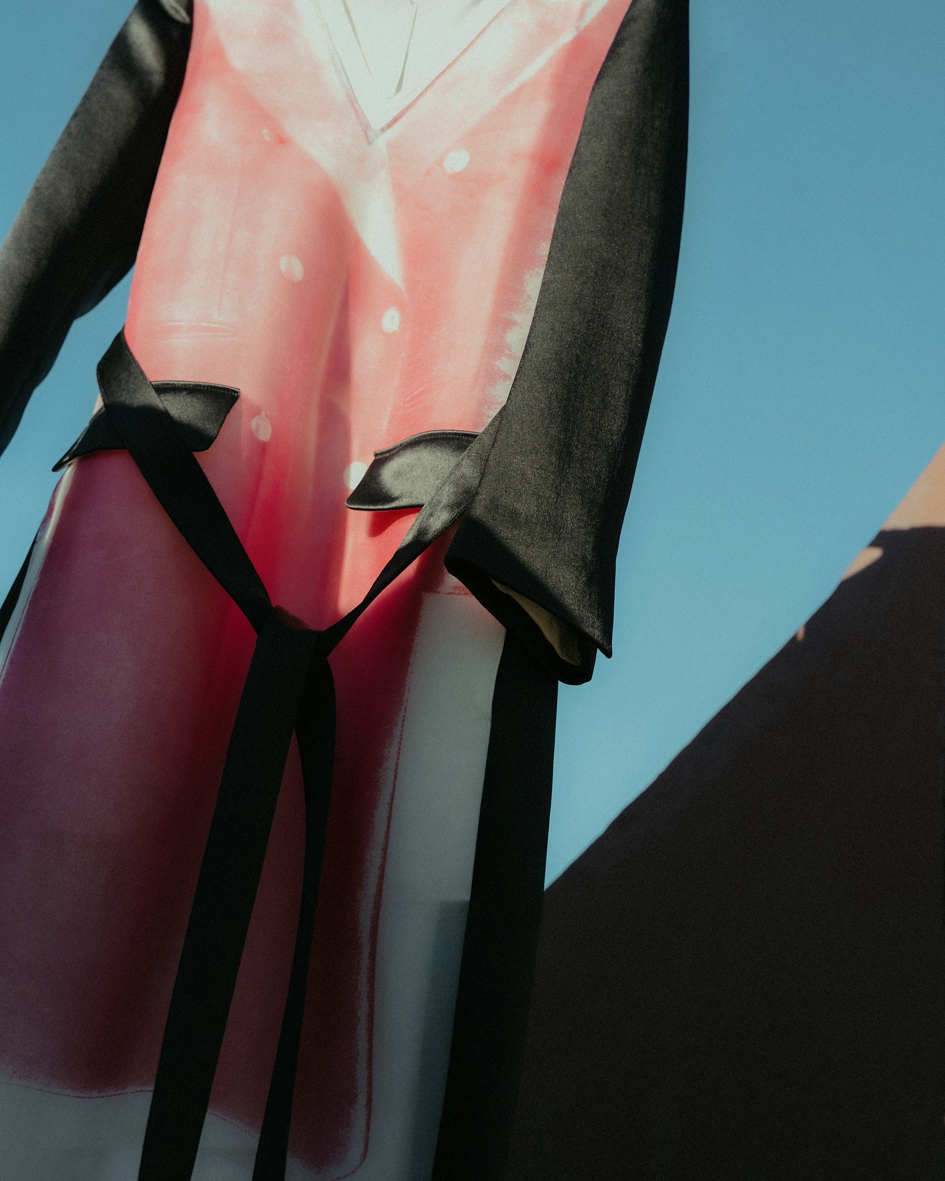 Close-up of a pink Peter Do dress with black ribbons against a blue sky.