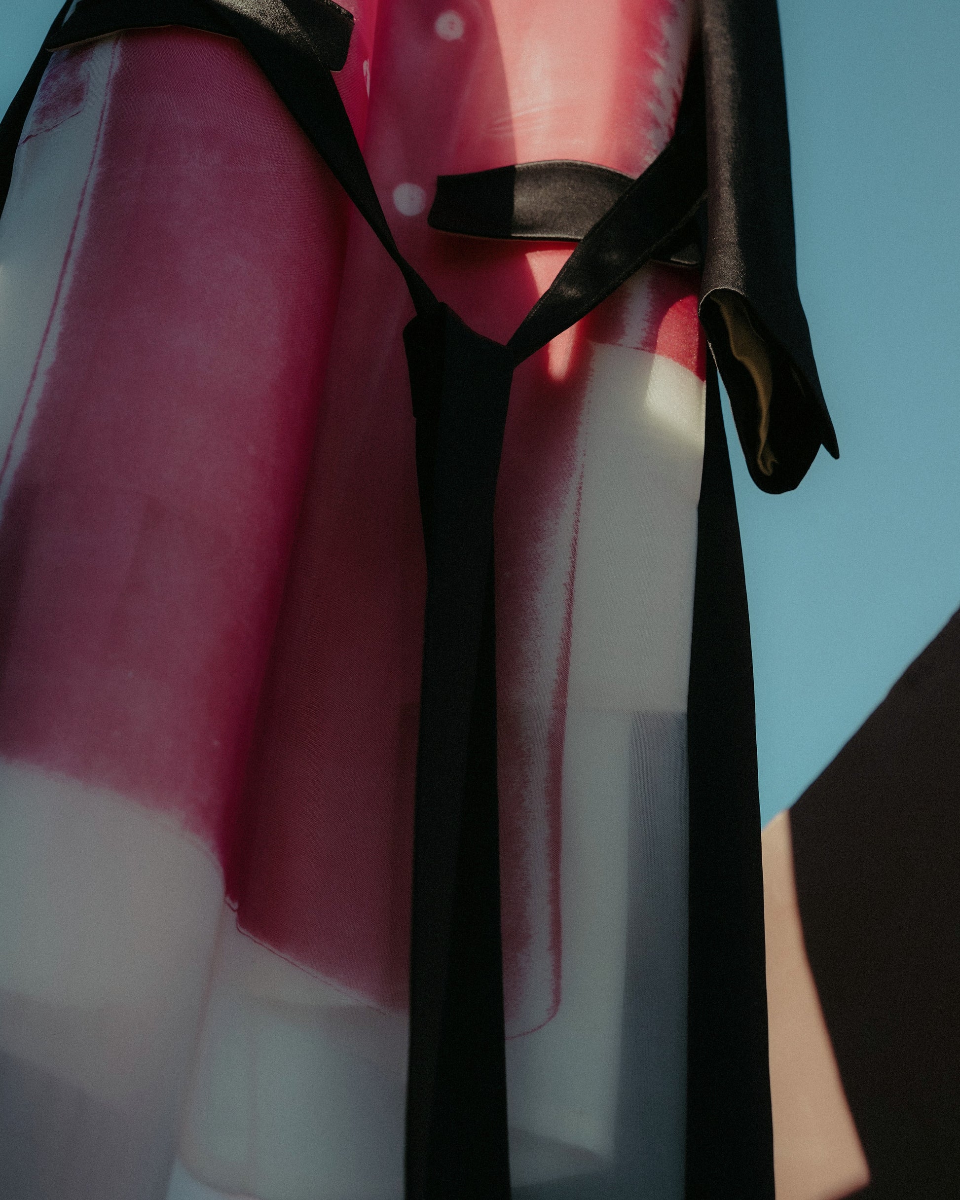 Close-up of a red and white patterned Peter Do dress with a black strap against a blue background