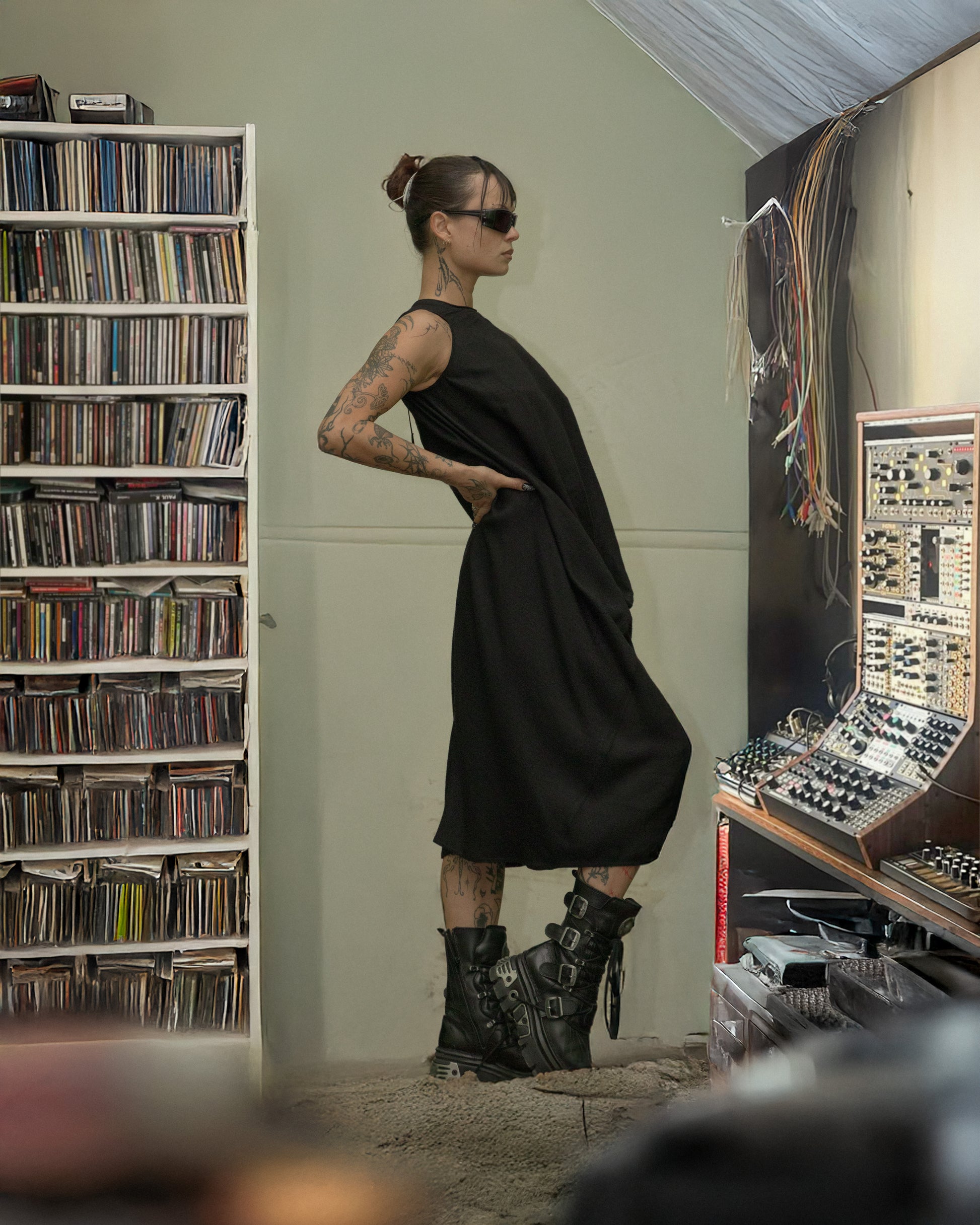 Person in a black Rick Owens dress standing in a room with electronic equipment and a bookshelf.