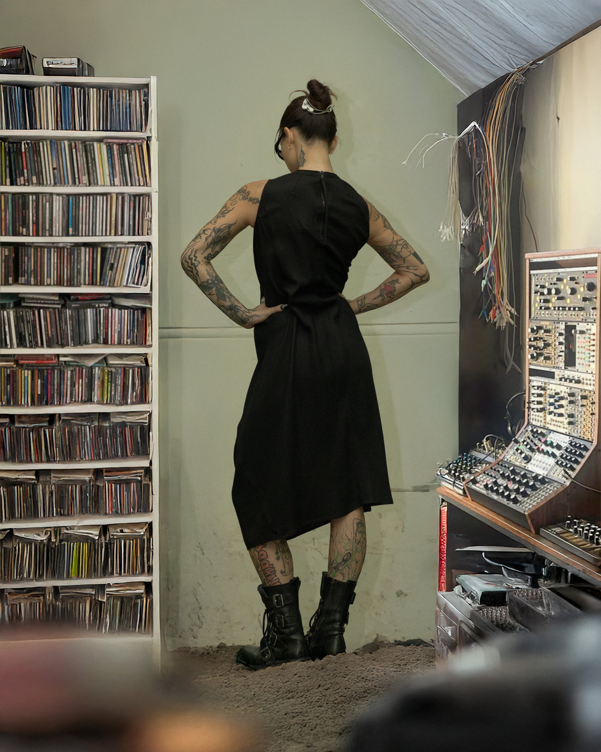 Person in a black Rick Owens dress standing in a room with a large music synthesizer and bookshelf.